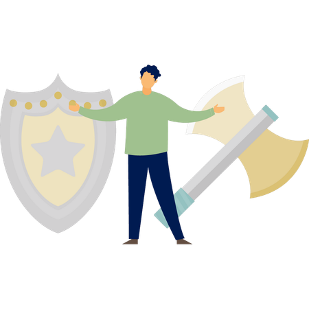 Man happy with shield and axe  Illustration