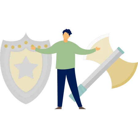 Man happy with shield and axe  Illustration