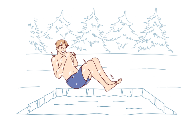 Man hardens himself by swimming in cold winter pond jumping into icy water during snowfall  Illustration