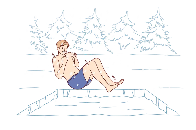 Man hardens himself by swimming in cold winter pond jumping into icy water during snowfall  Illustration