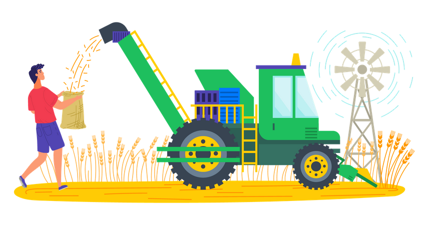 Man harvesting grain using harvest machine Illustration