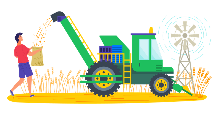 Man harvesting grain using harvest machine  Illustration