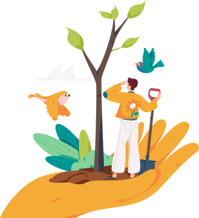 Man harvesting small trees in garden  Illustration