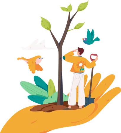 Man harvesting small trees in garden  Illustration