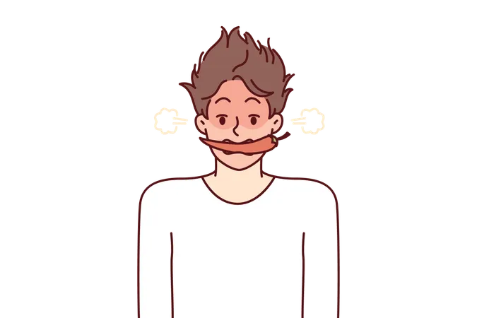 Man With Hot Chili Or In Teeth Blushes And Blows Smoke From Ears For Metaphor Of Anger And Negative Emotions Young Guy With Shaggy Hair With Hot Chili Pepper In Mouth Looks At Screen イラスト