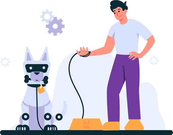 Man Has A Robot Dog These Illustration Can Depict Robots Performing Tasks Such As Automation In Manufacturing Assisting Humans In Various Industries The Emphasis Is On Highlighting The Potential For AI To Revolutionize Technology And Human Life Often With A Sense Of Innovation And Progress Illustration