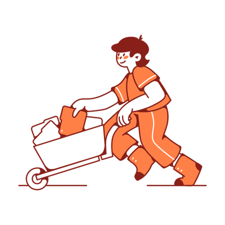 男性が古いファイルを手押し車で運び出す  イラスト