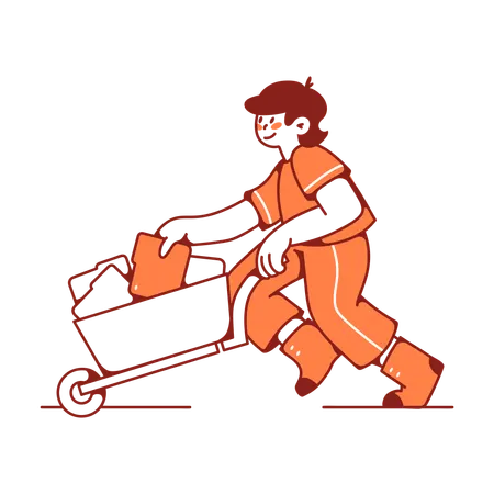 男性が古いファイルを手押し車で運び出す  イラスト