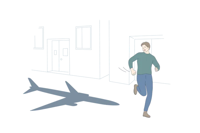 Aerophobia And Psychological Problem Concept Young Scared Man Cartoon Character Running And Seeing Airplane Craft Shadow Flying Behind Feeling Afraid Vector Illustration Illustration