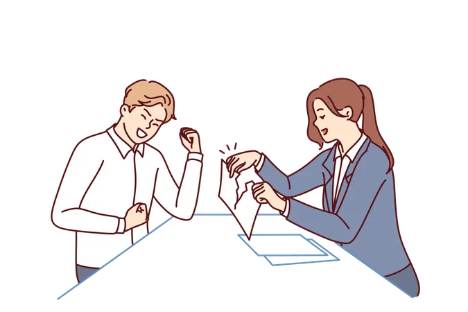 Man Rejoices At Completion Contract Sitting Near Business Woman Tearing Up Agreement Document Happy Guy Finds Out About Termination Business Contract With Employer And Waves Hands Victoriously Illustration