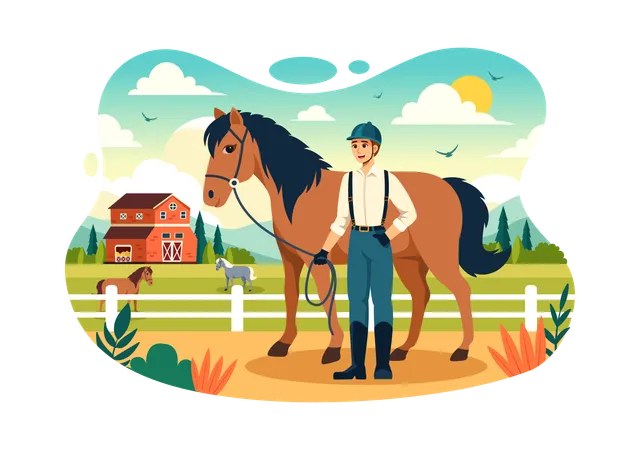 Equestrian Sport Horse Trainer Vector Illustration With Training Riding Lessons And Running Horses In Flat Cartoon Background Design Illustration