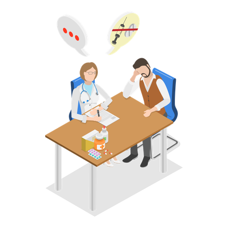 医師のアドバイスを受けながらアルコール依存症を患っている男性  イラスト