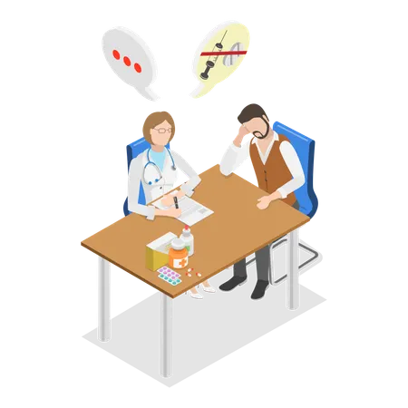 医師のアドバイスを受けながらアルコール依存症を患っている男性  イラスト