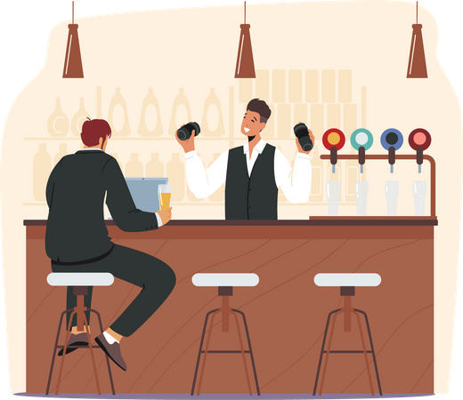 Man having beer at at bar while sitting on chair  Illustration