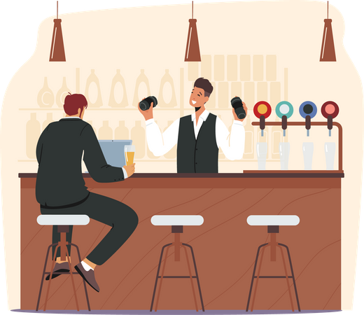 Man having beer at at bar while sitting on chair  Illustration