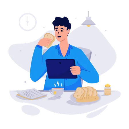 Man Having Breakfast with tablet  Illustration