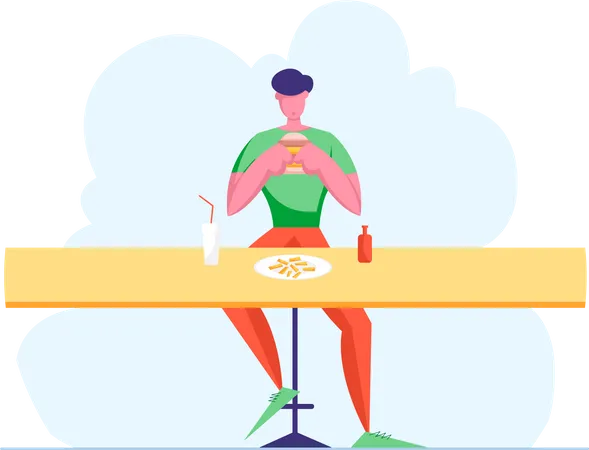 Man having burger at a cafe  Illustration