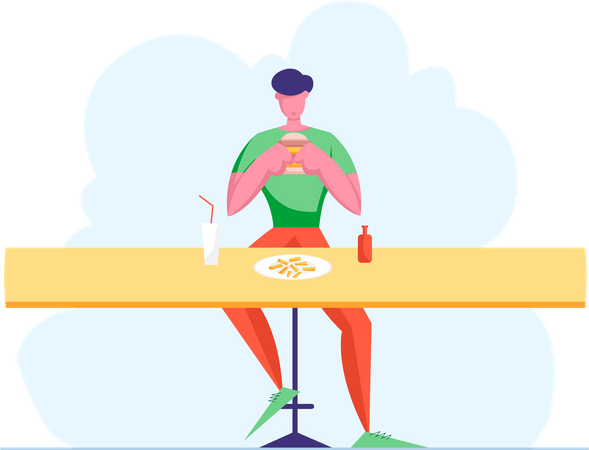 Man having burger at a cafe  Illustration
