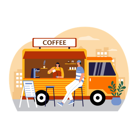 Man having coffee at coffee truck Illustration