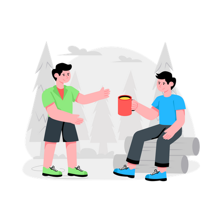 Man having coffee On Camping With Friend  Illustration