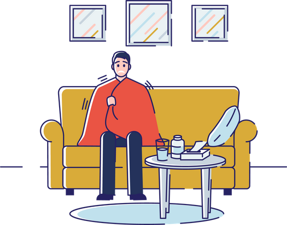 Man having common cold and sitting at home Illustration