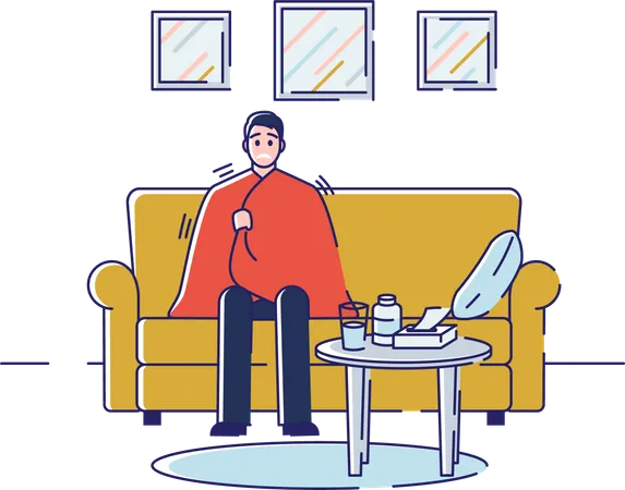 Man having common cold and sitting at home Illustration