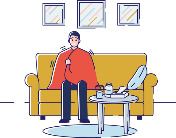 Man having common cold and sitting at home  Illustration