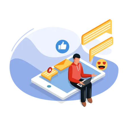 Social Media Concept Male Feeling Happy With Love Emoticon When Read And Reply Mail Chat In Laptop Device Online Communication Isometric Social Media Illustration Concept Vector Illustration