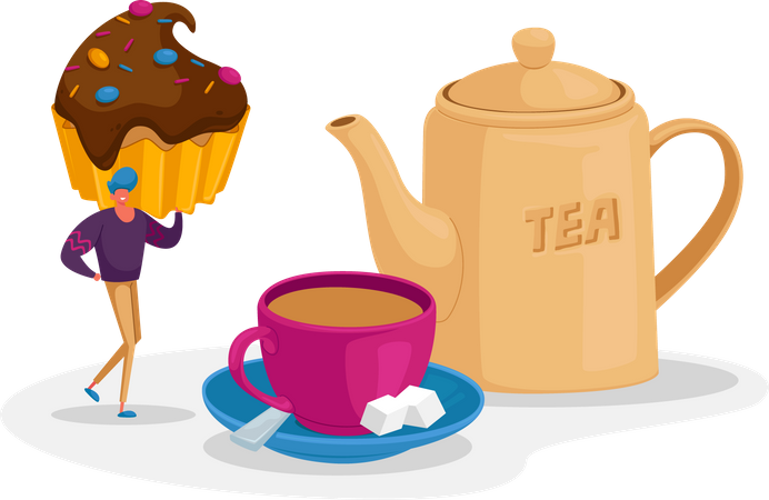 Man having cupcake with cup of tea  Illustration