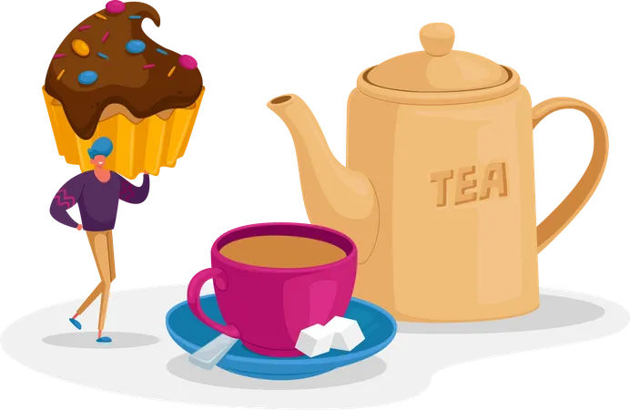 Man having cupcake with cup of tea  Illustration