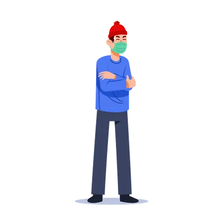 Vector Flat Character Of Man Having Flu Symptoms Headache Cough And Fever イラスト