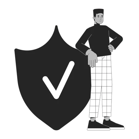 Life Insurance Bw Concept Vector Spot Illustration Self Confident Man Put Hand On Shield 2 D Cartoon Flat Line Monochromatic On White For Web UI Design Editable Isolated Color Hero Image 일러스트레이션