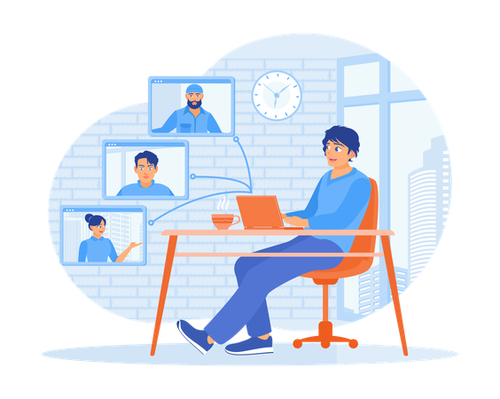 Man having virtual meetings with business colleagues  Illustration