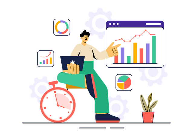 Man having work deadline while showing business growth chart  Illustration