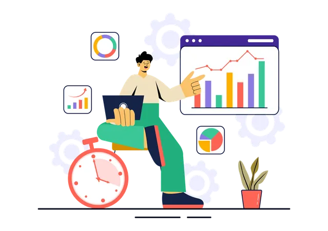 Man having work deadline while showing business growth chart  Illustration