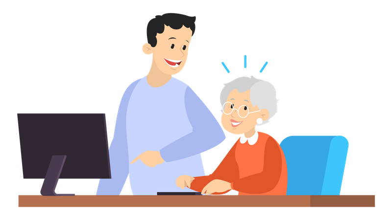 Man help old woman working on computer  Illustration