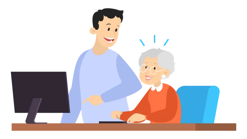 Man help old woman working on computer  Illustration