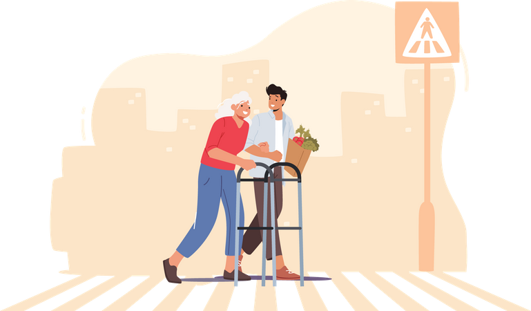 Man Help Senior Woman with Walking Frame Crossing Street  Illustration