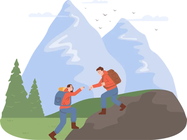 Man help to woman for climbing on rock  Illustration