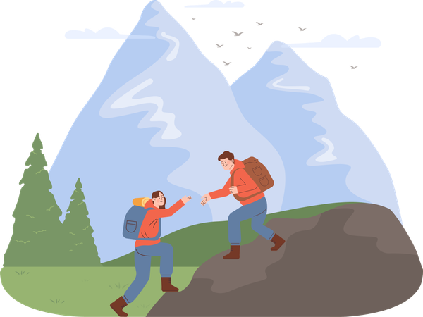 Man help to woman for climbing on rock  Illustration