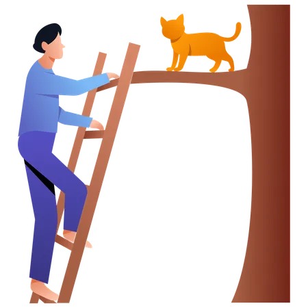 Man Helping Cat on Tree  Illustration