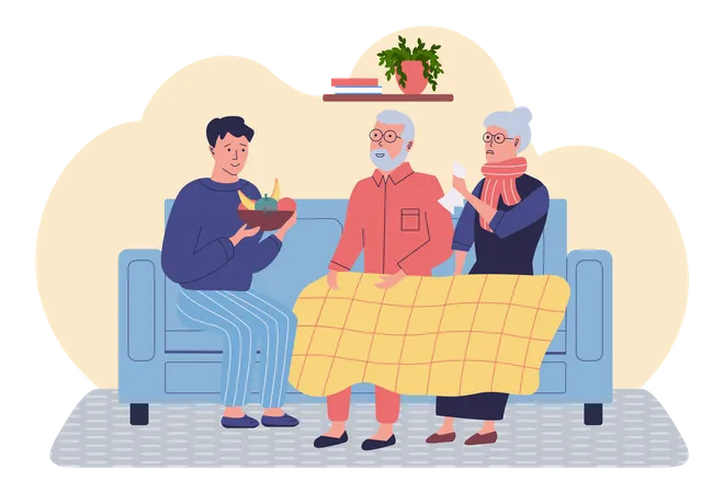 Man helping elderly sick couple in quarantine time  Illustration