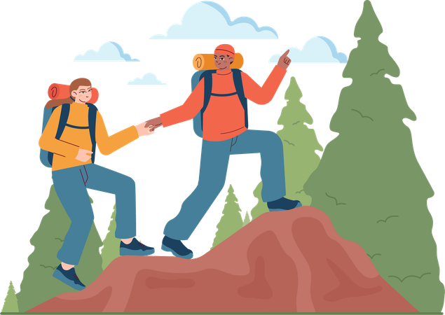 Man helping girl for climbing up on mountain  Illustration