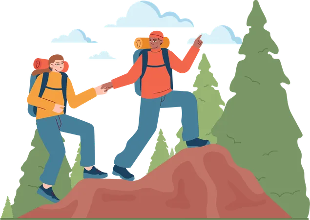 Man helping girl for climbing up on mountain  Illustration