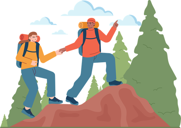 Man helping girl for climbing up on mountain  일러스트레이션