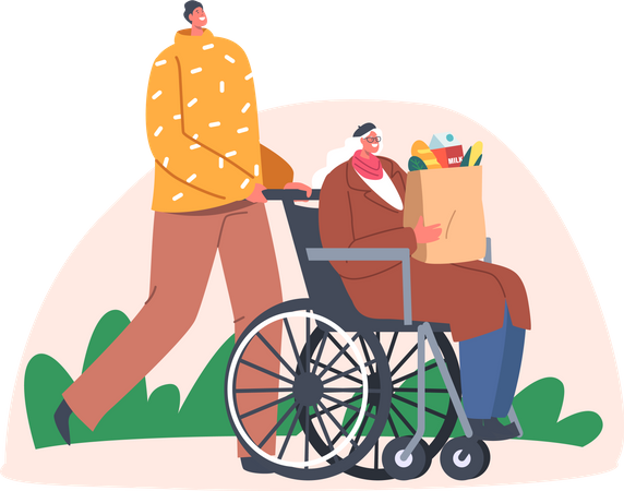 Man helping old disabled woman  Illustration