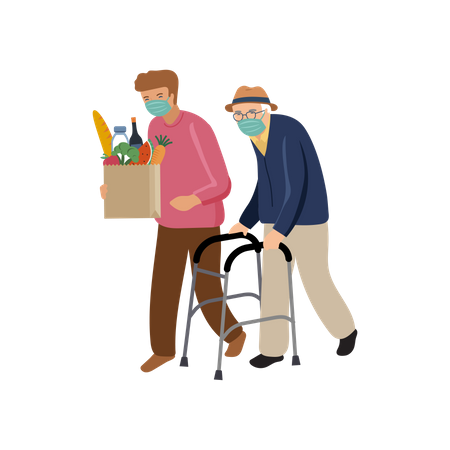 Man helping old man with grocery bag  Illustration