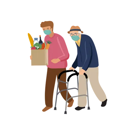 Man helping old man with grocery bag Illustration