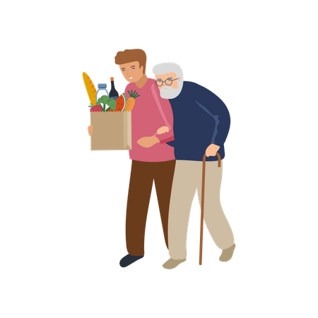 Man helping old man with grocery bag  Illustration