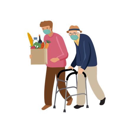 Man helping old man with grocery bag  イラスト